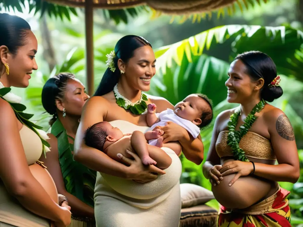 Rituales de nacimiento en Samoa: Mujeres danzando con bebé y madre en el bosque, conectadas con la naturaleza y la reverencia al nuevo ser