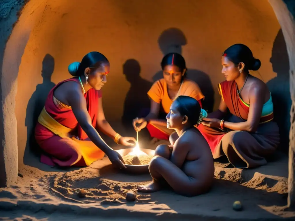 Rituales de nacimientos en culturas: Mujeres en ritual de parto en aldea remota, con luz de velas y madre fuerte