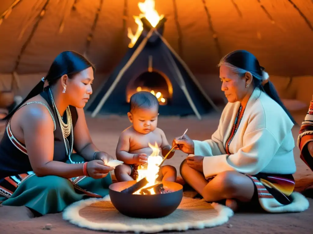 Rituales de nacimientos en diversas culturas: Bendición navaja en hogan con familia alrededor del fuego y el chamán realizando el ritual con una pluma sagrada