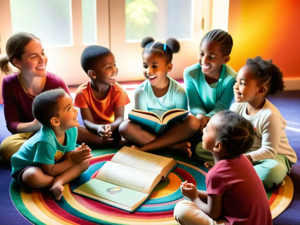 Rituales narrativos infancia culturas: Niños escuchando atentos a un cuentacuentos en un ambiente mágico, lleno de luz y color