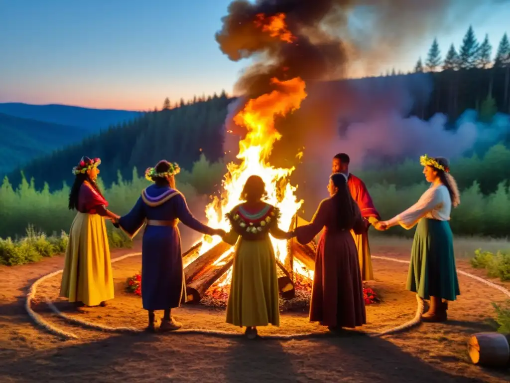 Rituales neopaganos en la festividad de Beltane, danza alrededor del fuego en el bosque nocturno