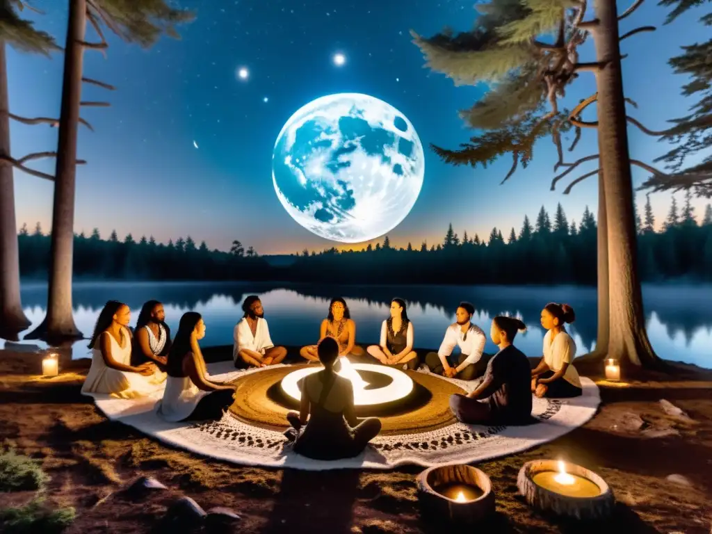 Rituales neopaganos luna llena: ceremonia mágica entre árboles iluminados por la luz lunar, con practicantes y símbolos místicos