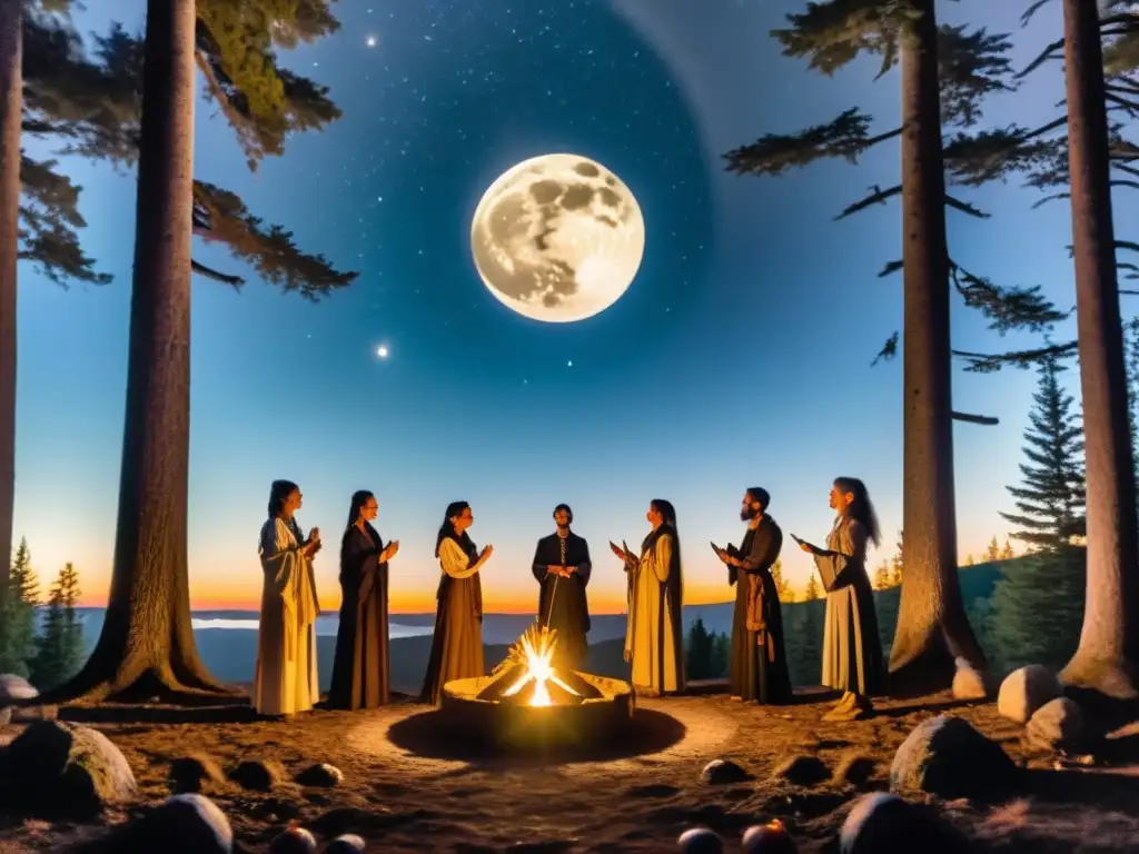 Rituales neopaganos luna llena: Grupo en el bosque, círculo con brazos al cielo, luz lunar, herramientas mágicas, conexión espiritual
