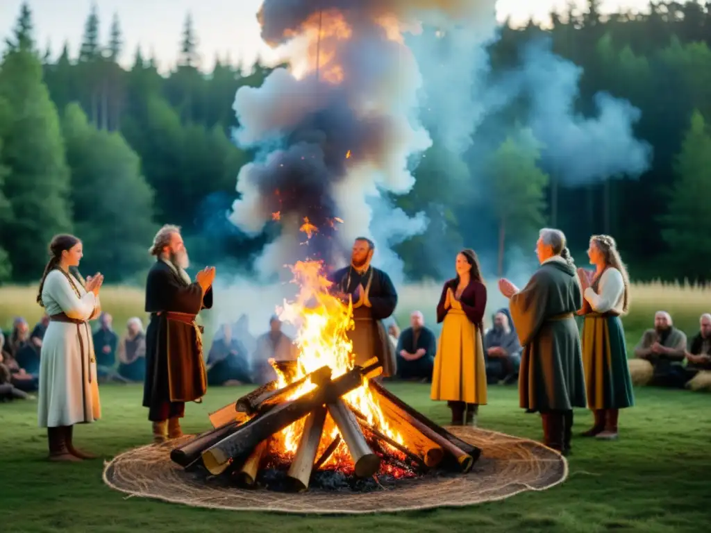 Rituales neopaganos nórdicos Asatru: personas vestidas en atuendos tradicionales alrededor de una fogata en el bosque, rezando y cantando juntos