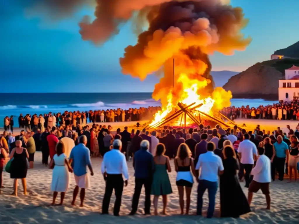 Rituales de la Noche de San Juan: playa española llena de gente alrededor de una fogata, participando en antiguas costumbres nocturnas