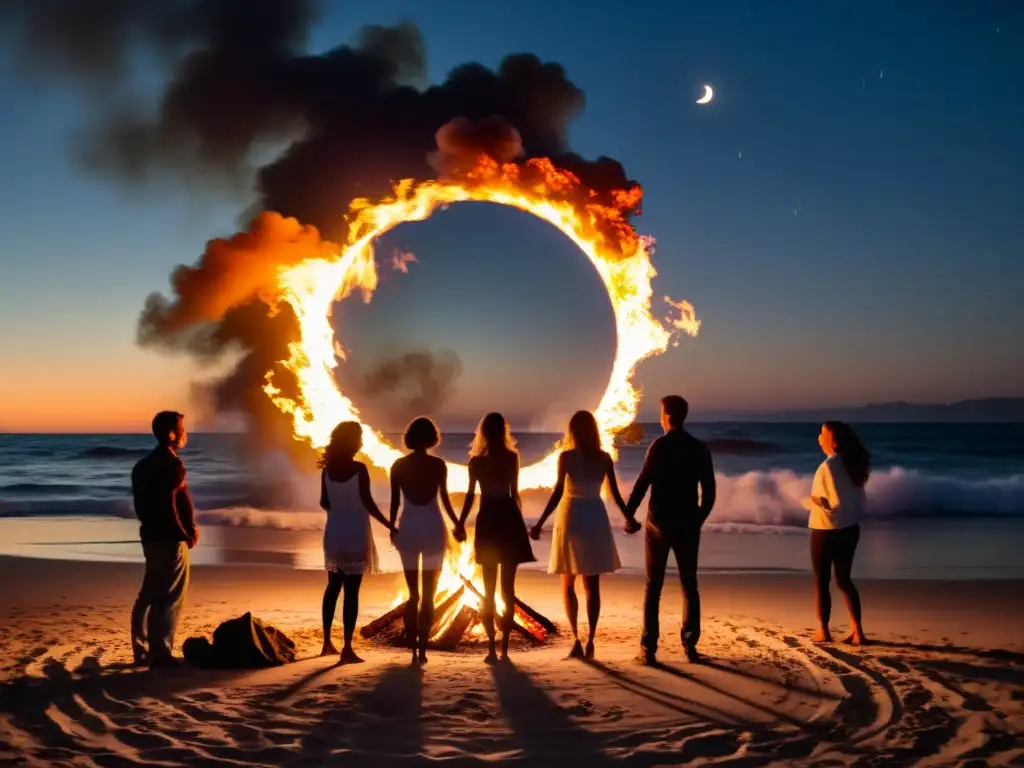 Celebrando rituales de la Noche de San Juan alrededor de una fogata en la playa, bajo la luna llena