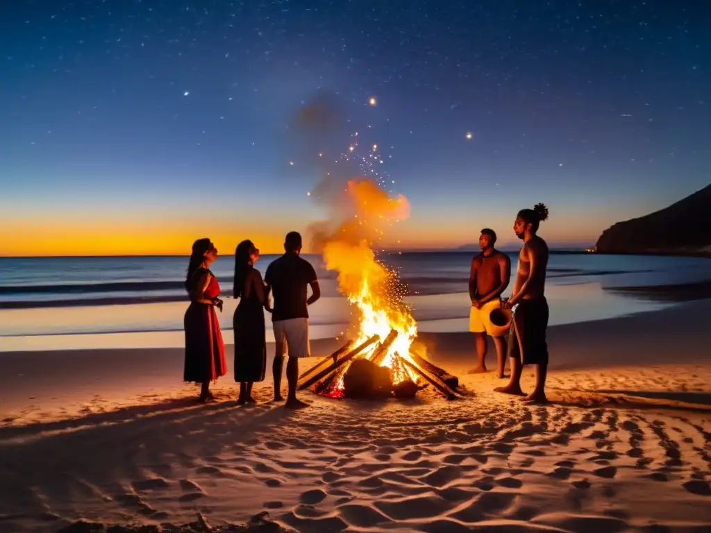 Rituales de la Noche de San Juan: Personas celebrando alrededor de una fogata en la playa, bajo un cielo estrellado