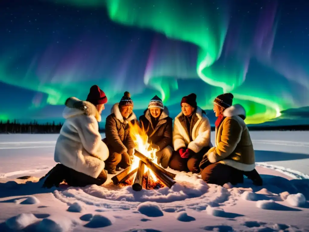 Rituales de la Noche Polar Siberiana: Comunidad reunida alrededor de una fogata en paisaje nevado bajo las luces del norte