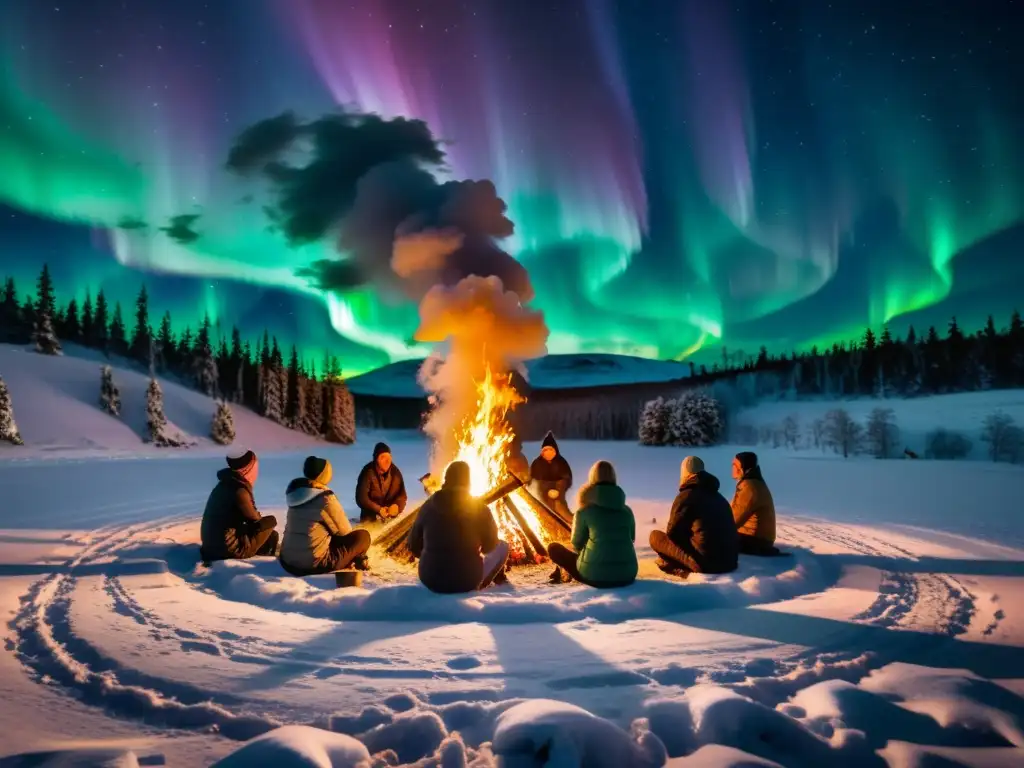 Rituales nórdicos de Yule en el solsticio de invierno: personas alrededor de una fogata en un bosque nevado con auroras boreales en el cielo