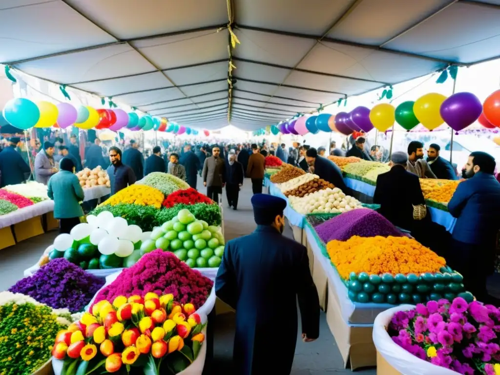 Rituales de Nowruz en Persia: Mercado persa animado con decoraciones tradicionales, telas coloridas, frutas frescas y niños felices