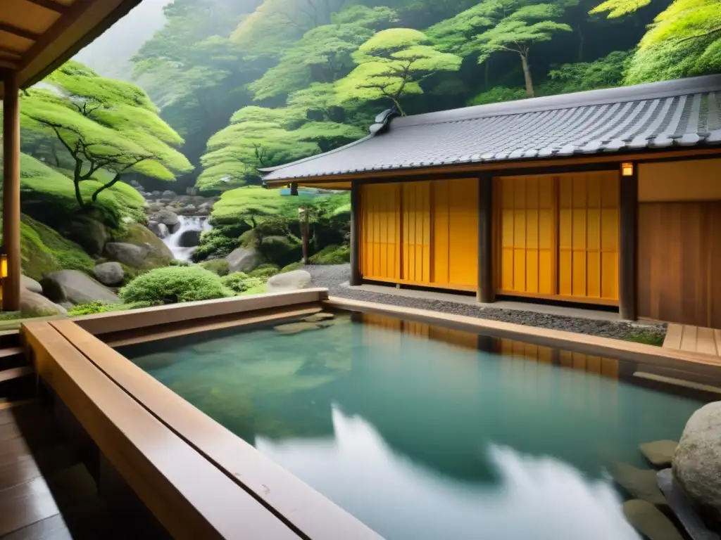 Rituales de purificación en Onsen: un oasis japonés en la montaña, con aguas termales, arquitectura de madera y un río sereno