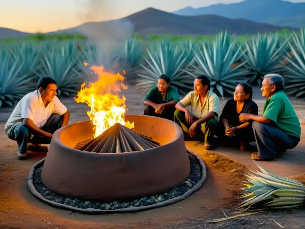 Rituales oaxaqueños: mezcal sagrado, artesanos cuidan el agave en el fuego dorado, tradición centenaria