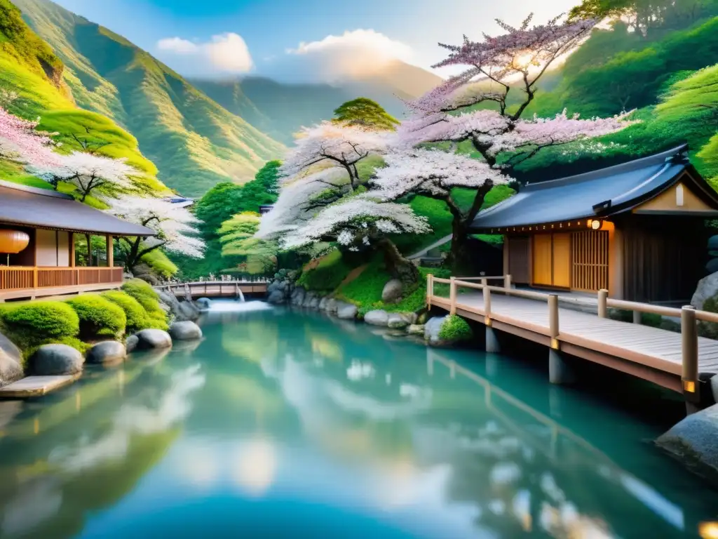 Rituales de purificación en Onsen: Sereno onsen japonés en montañas verdes con aguas cristalinas, puentes y flores de cerezo en flor