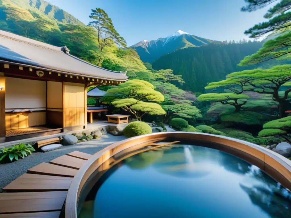 Rituales de purificación en Onsen: Sereno onsen japonés con baños de madera en un bosque