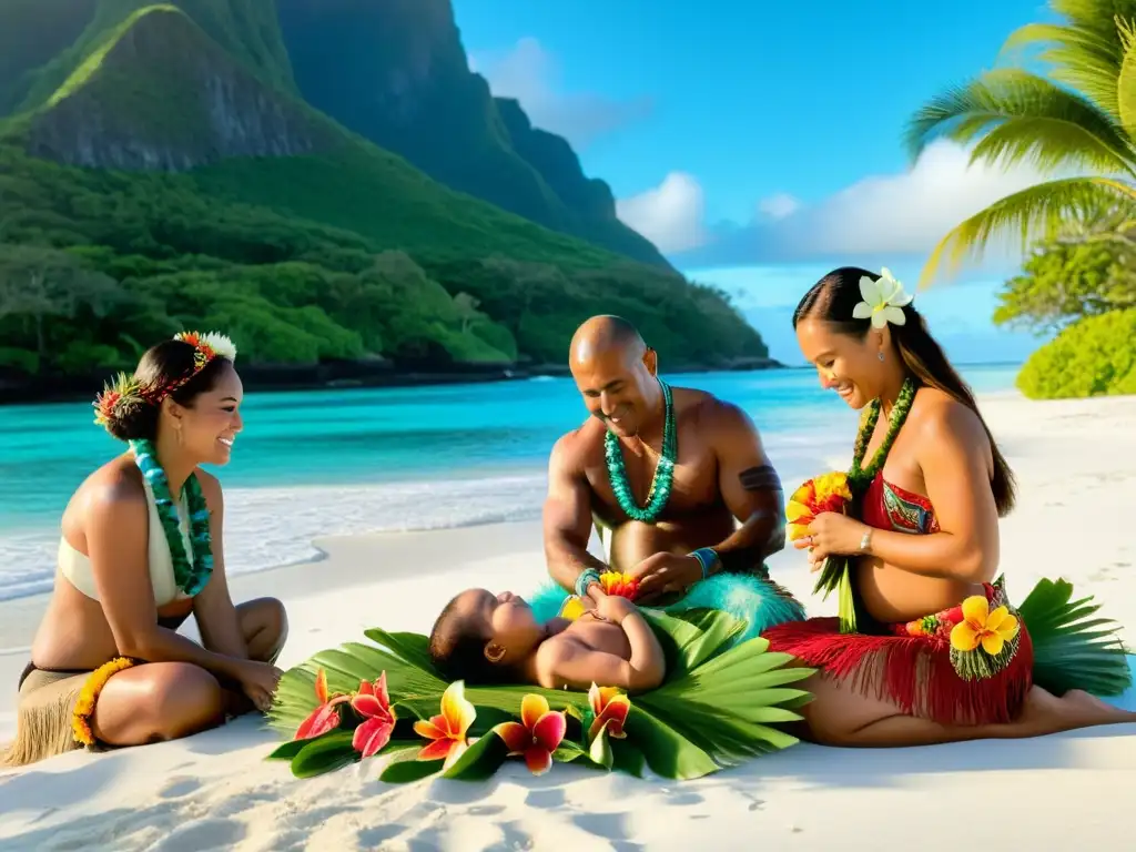 Rituales de paso en Polinesia: ceremonia de nacimiento en la playa con mujeres, flores, bendición y bebé recién nacido