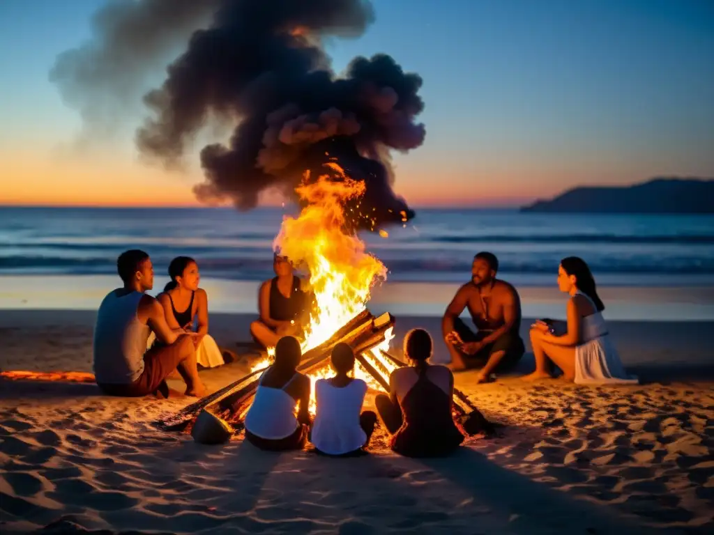 Rituales noche San Juan: Personas alrededor de fogata en la playa, saltando sobre el fuego y quemando deseos en noche mágica de San Juan