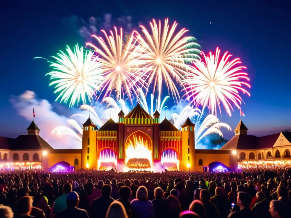 Rituales pirotécnicos festivales mundo: Noche festiva con fuegos artificiales, multitud y edificios tradicionales en silueta