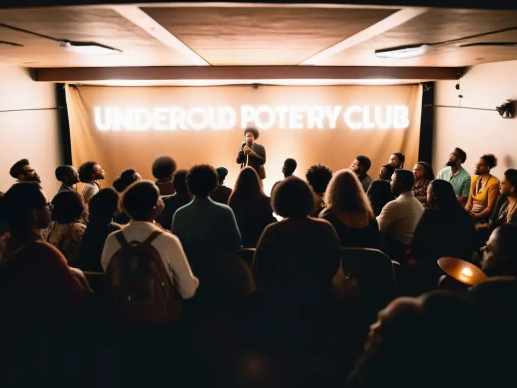 Rituales poéticos en un club underground con diversa audiencia, escenario adornado con micrófono y arte callejero