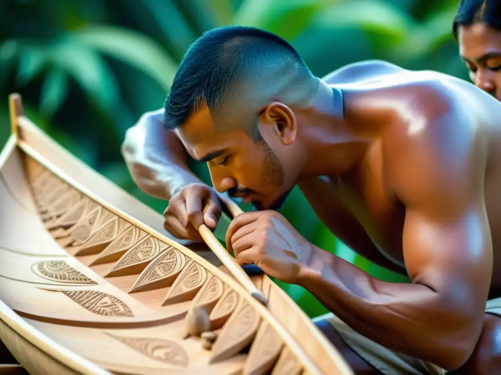 Rituales polinesios construcción naval: Artesanos tallando una canoa de madera, reflejando la importancia cultural e histórica de la tradición