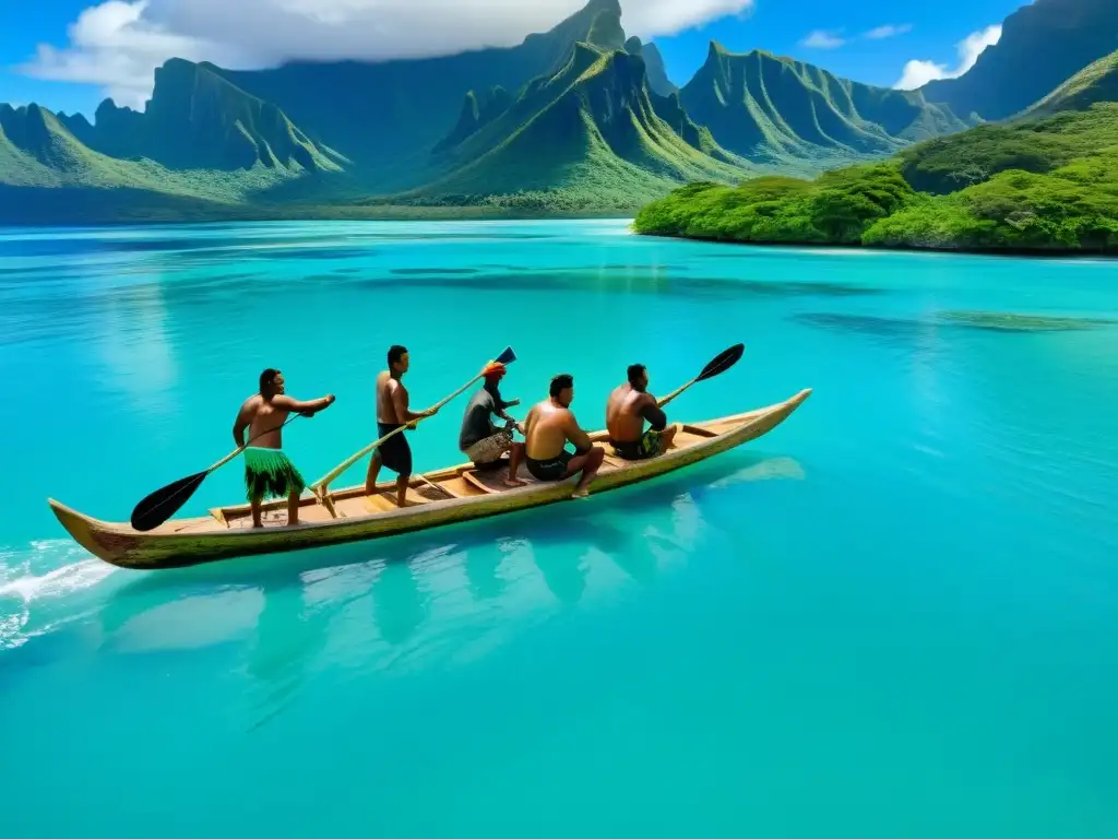 Rituales Polinesios para navegación y pesca: pescadores polinesios lanzando redes desde una canoa en aguas turquesas, rodeados de montañas verdes y un ambiente sereno y ancestral