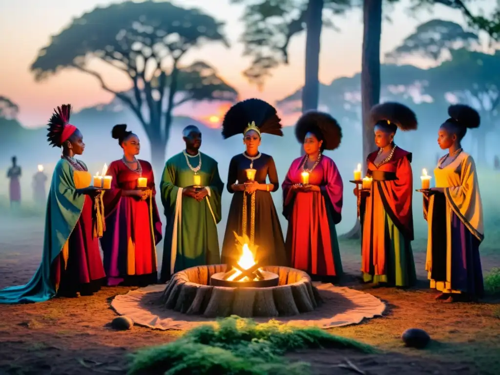 Rituales Wicca en África: Practicantes en trajes africanos realizan un ritual al atardecer en un claro boscoso, entre velas y colores vibrantes