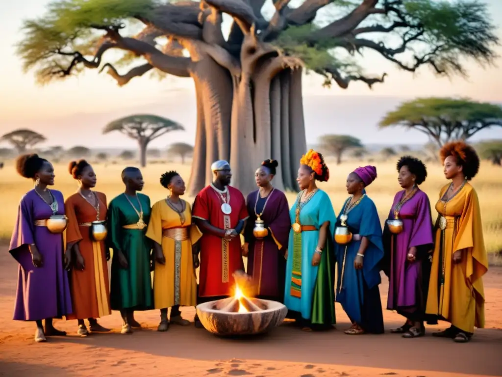 Rituales Wicca en África: Practicantes vestidos con túnicas coloridas realizan un místico ritual bajo el sol africano entre baobabs al atardecer