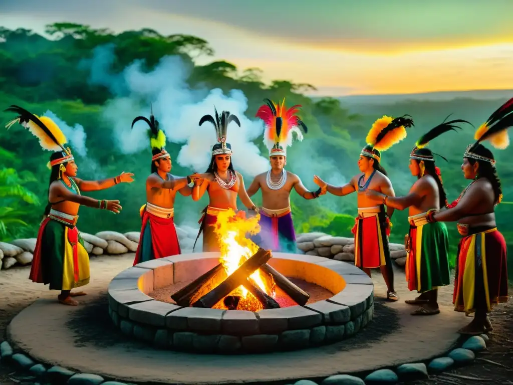 Rituales de prosperidad tradicionales: Ceremonia maya al amanecer en la selva con danzas, ofrendas y copal