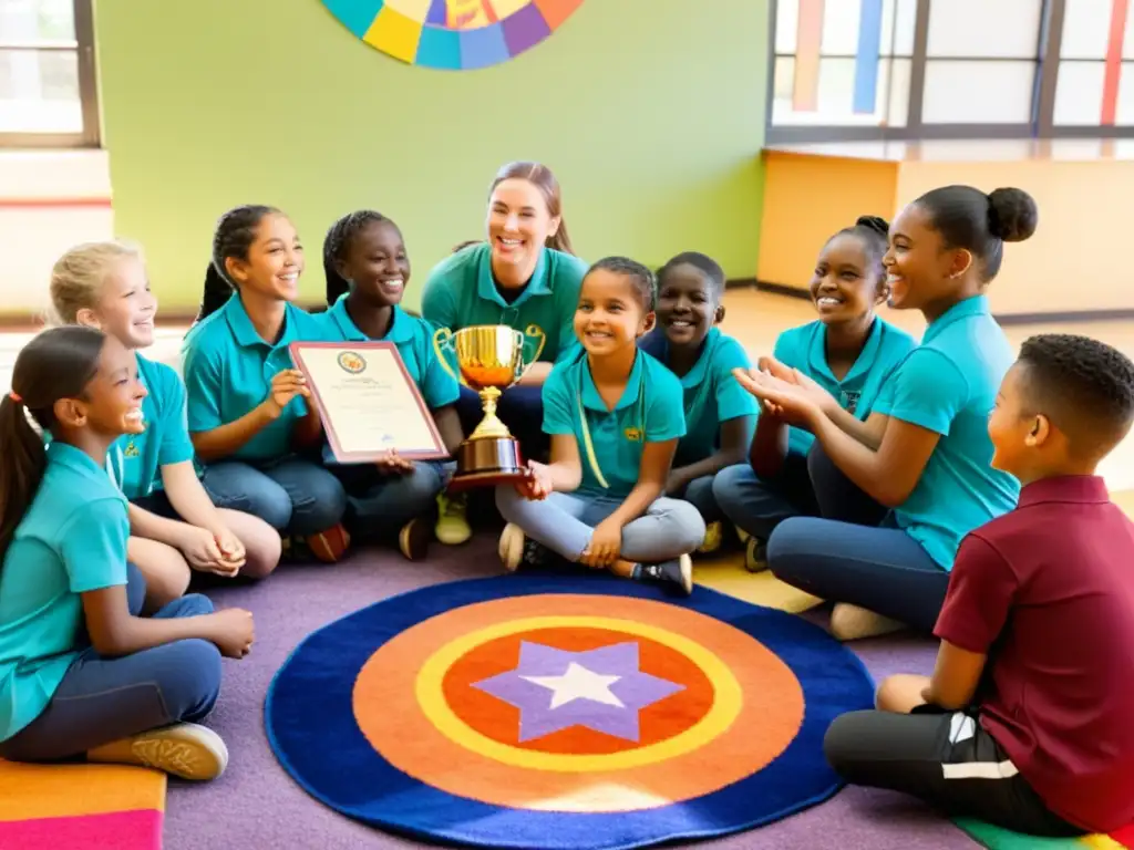 Rituales de reconocimiento en educación: Estudiantes felices en círculo con trofeos y certificado, maestra sonriente