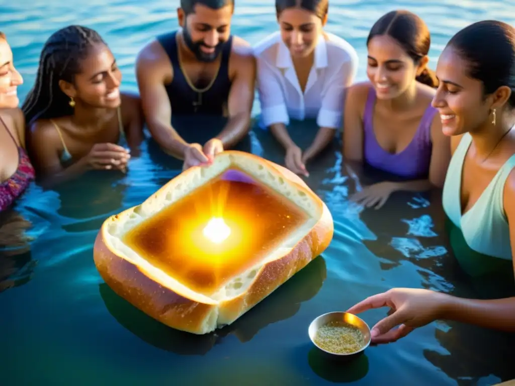 Rituales de reflexión en Rosh Hashaná: Grupo participa en Tashlich, lanzando pan al agua en una escena emotiva y esperanzadora