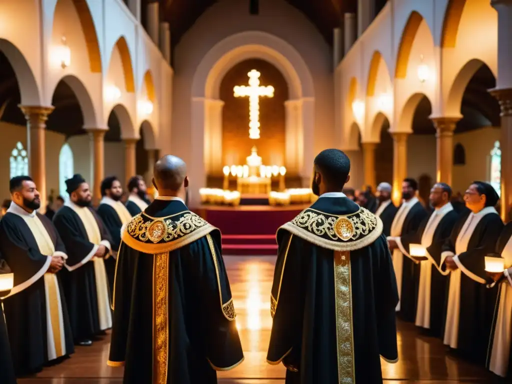 Función de rituales religiosos en una iglesia histórica iluminada por velas, con participantes y espectadores en un acto reverente y simbólico