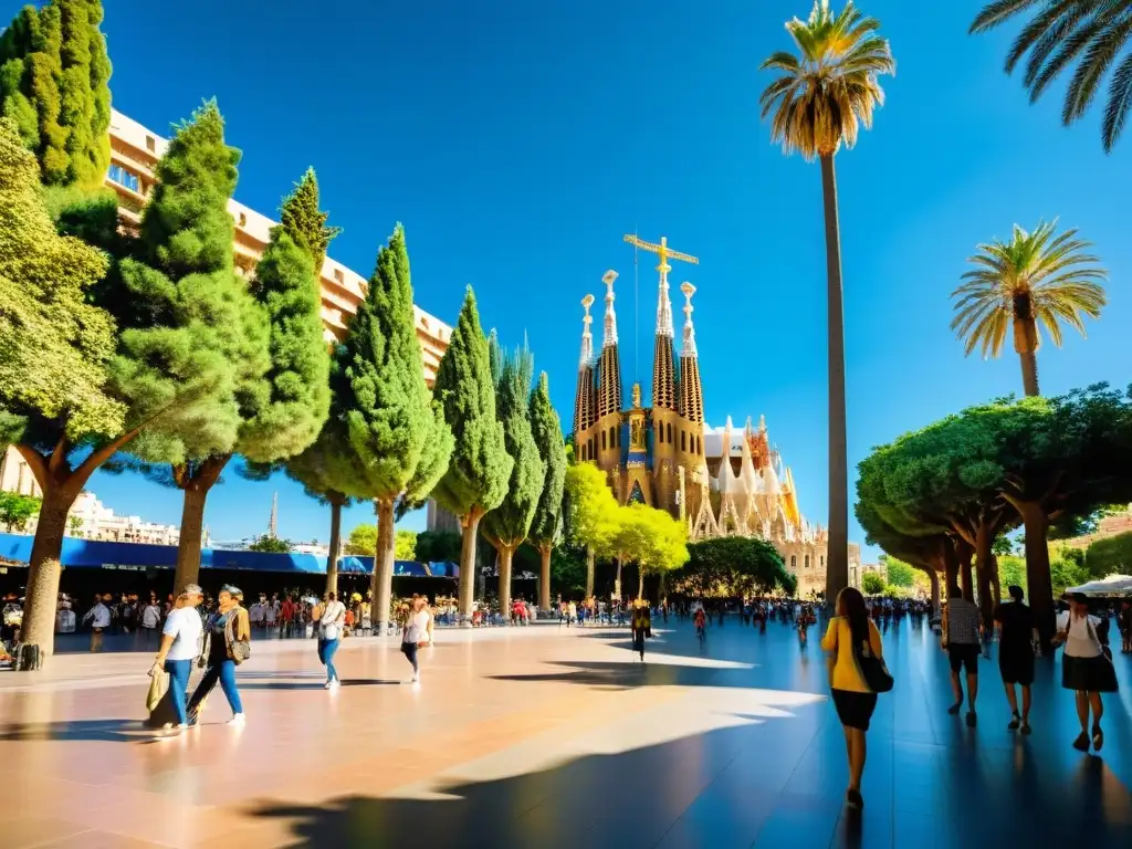 Rituales de la Sagrada Familia: escena vibrante con locales y turistas disfrutando del icónico edificio y la belleza urbana bajo el cálido sol