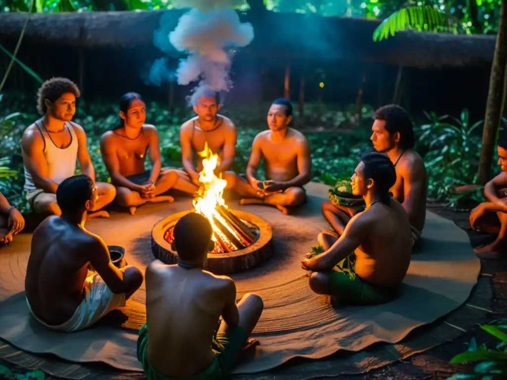 Rituales sagrados con Ayahuasca en la Amazonía: ceremonia indígena en la selva, chaman preparando la bebida sagrada, conexión espiritual