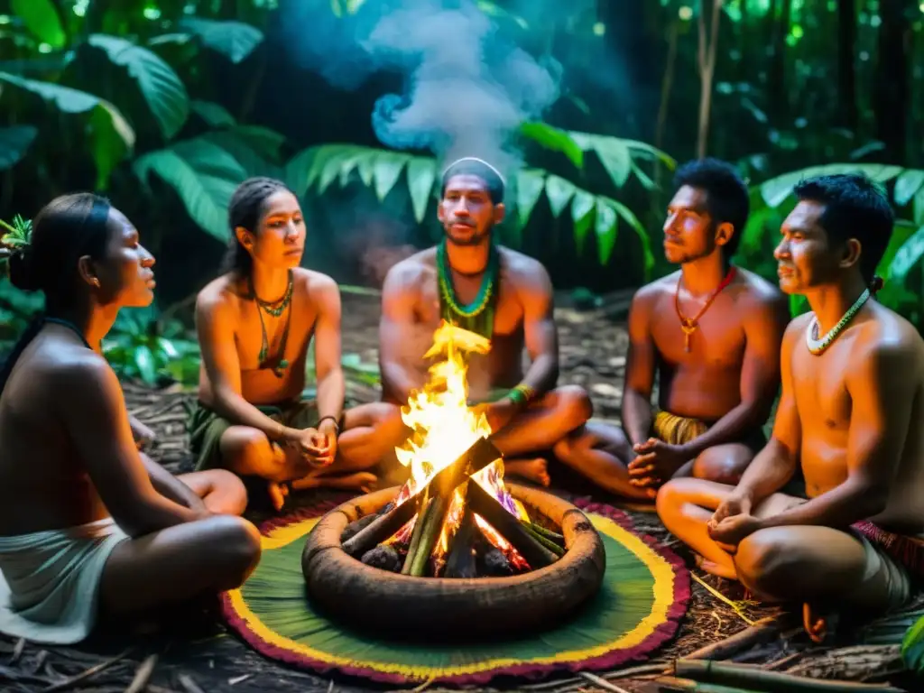 Rituales sagrados con Ayahuasca en la Amazonía: Shamans realizan ceremonia en la selva, iluminados por el fuego mientras invocan antiguas tradiciones