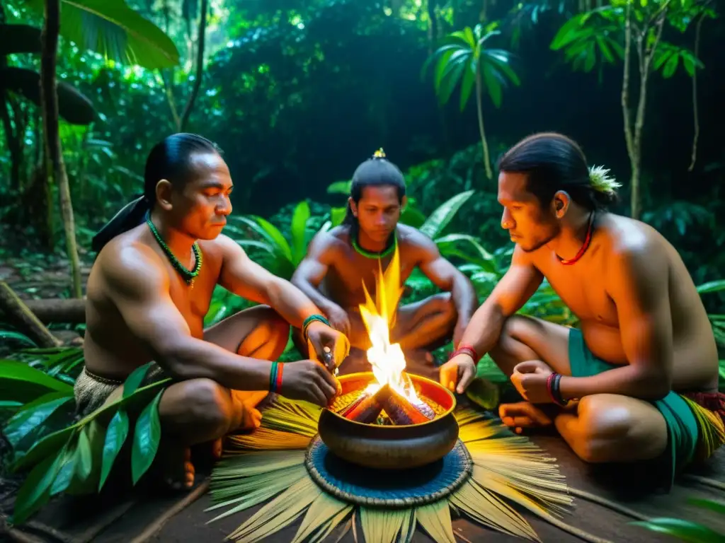 Rituales sagrados con Ayahuasca en la Amazonía: ceremonia tradicional con indígenas en la selva, atuendos coloridos y reverente atmósfera ritual