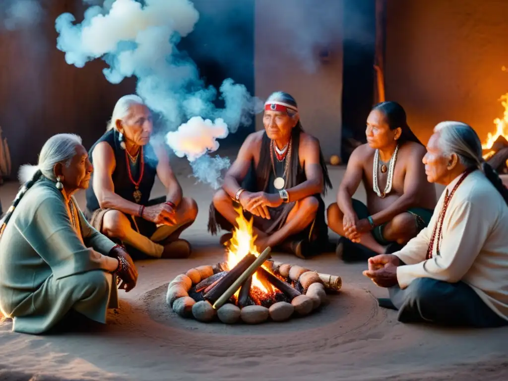 Rituales sagrados nativos americanos: Ancianos reunidos alrededor del fuego, inmersos en una atmósfera espiritual etérea