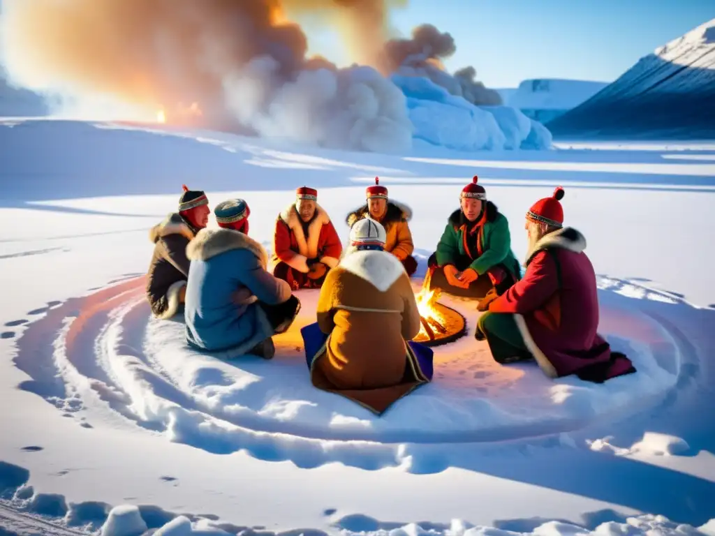 Rituales Sami en el Círculo Polar: ceremonia alrededor del fuego en la nieve ártica, con música y vestimenta tradicional