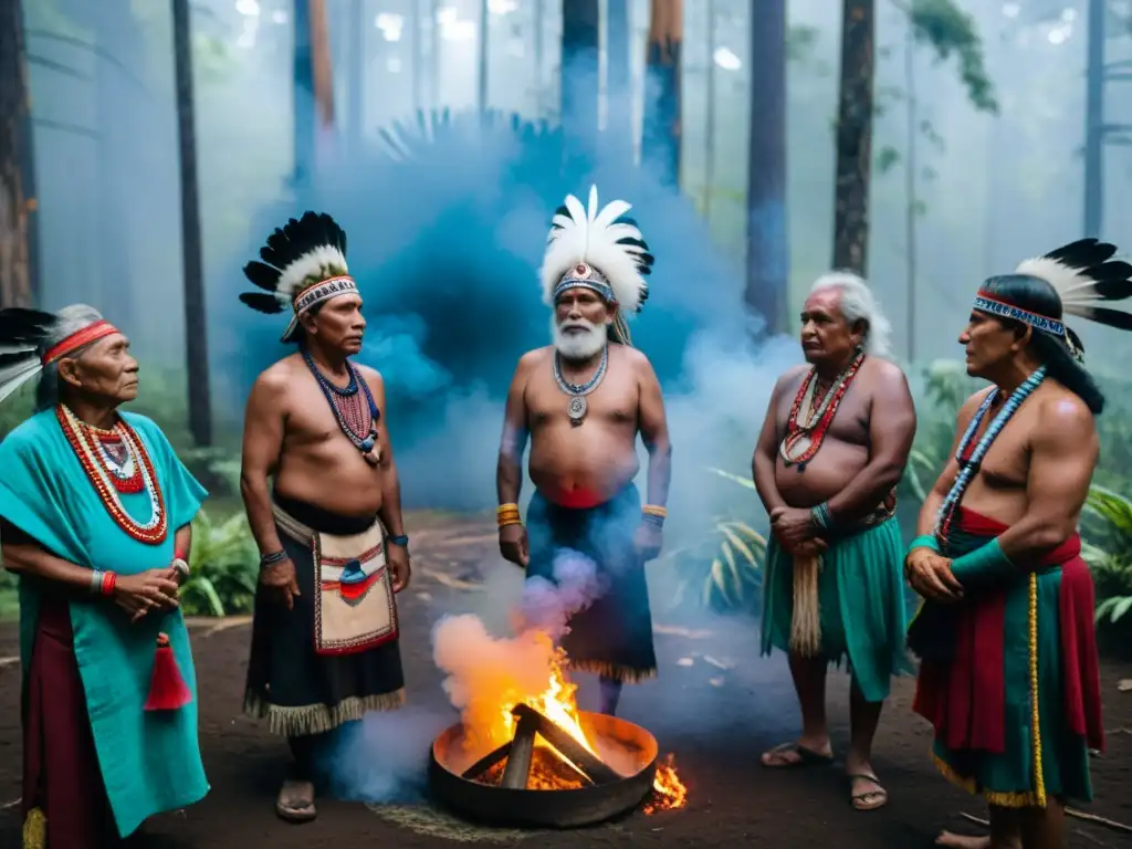 Rituales de sanación del alma aborigen: Ancianos indígenas realizan un ritual con humo de hierbas en un claro del bosque al atardecer