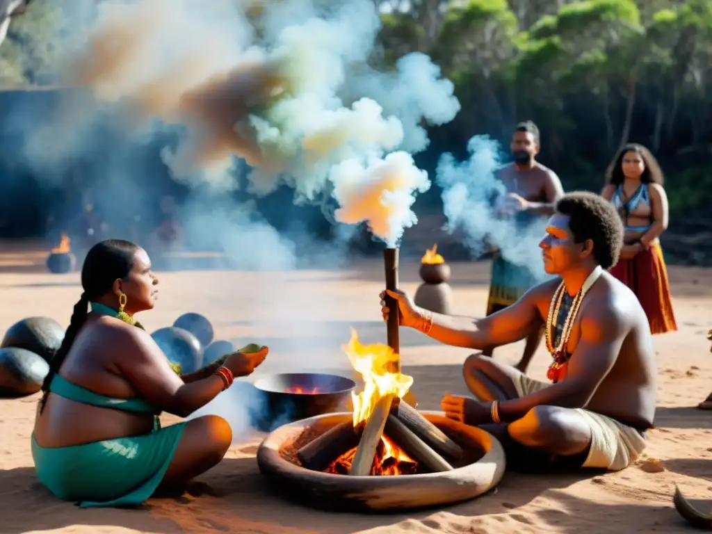 Rituales de sanación del alma aborigen en entorno natural remoto, con curanderos indígenas, arte simbólico, humo de hierbas y música tradicional