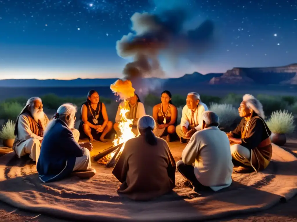 Rituales de sanación ancestral nativos: Sabiduría y conexión espiritual en ceremonia alrededor del fuego nocturno