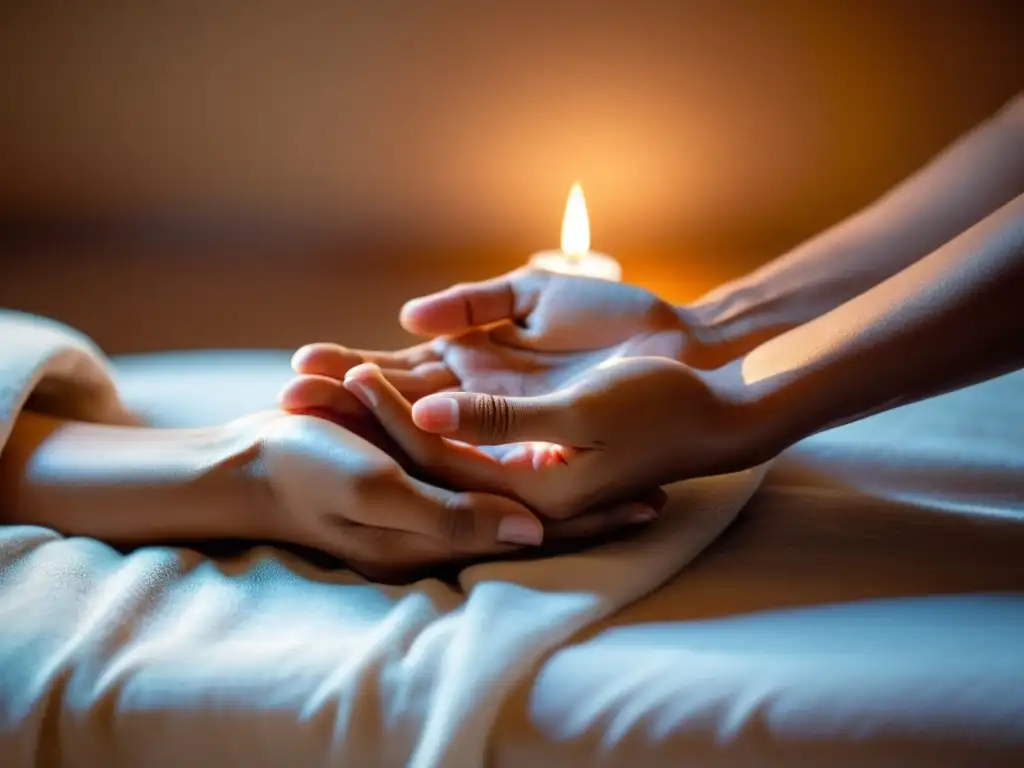 Rituales de sanación energética Reiki: Manos que irradian luz sobre la piel en una sesión íntima de sanación, transmitiendo calma y conexión