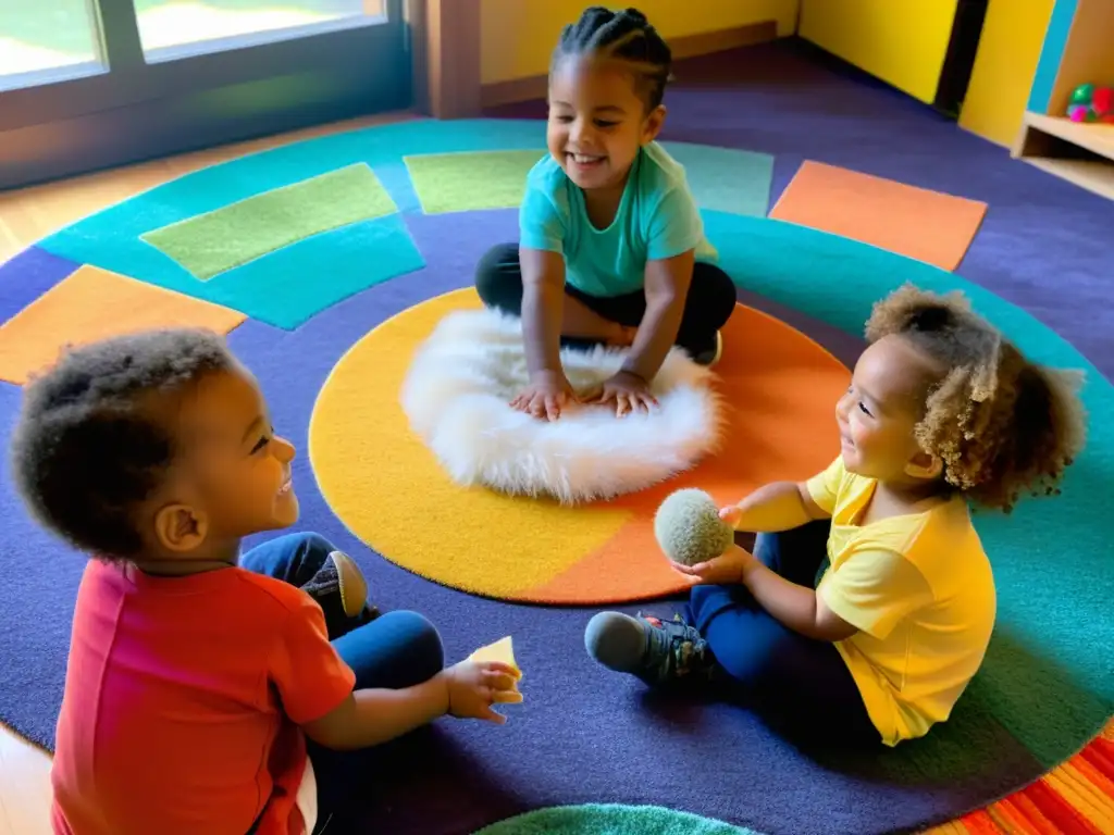 Rituales sensoriales para preescolares: Niños explorando texturas en círculo con objetos suaves, ásperos y lisos, en un ambiente cálido y colorido