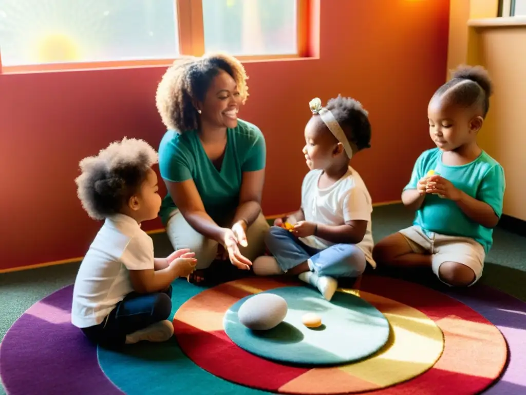 Rituales sensoriales para preescolares: Niños explorando texturas en círculo, con luz natural y ambiente acogedor