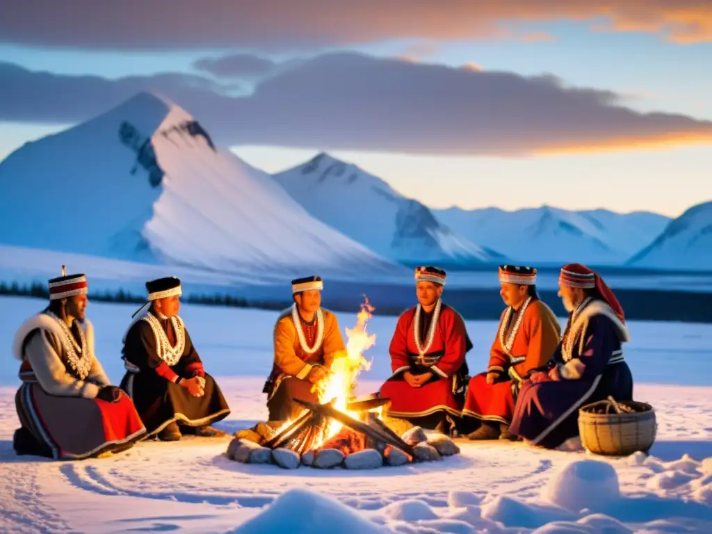 Rituales Sami Solsticio Círculo Polar: Grupo de Sami alrededor de una hoguera en el paisaje ártico nevado, con el sol poniéndose al fondo