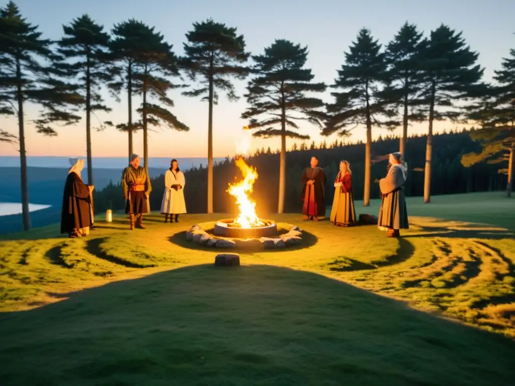 Rituales de solsticio de verano nórdicos: Grupo en vestimenta tradicional rodeado de naturaleza, sosteniendo antorchas en ceremonia al atardecer