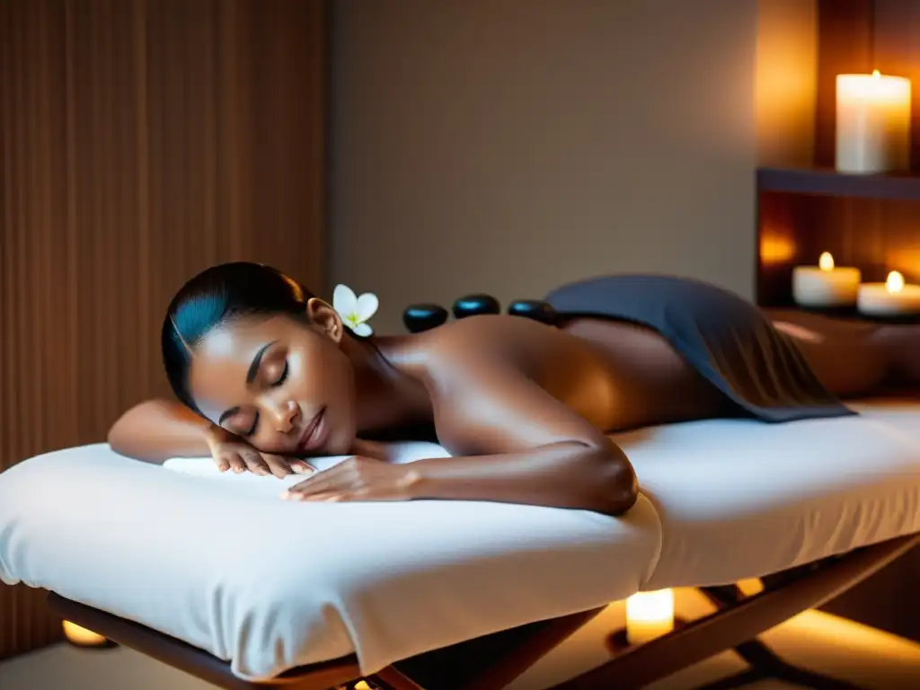 Rituales de spa para transformación personal: Ambiente sereno con masaje relajante y elementos de spa armoniosamente dispuestos