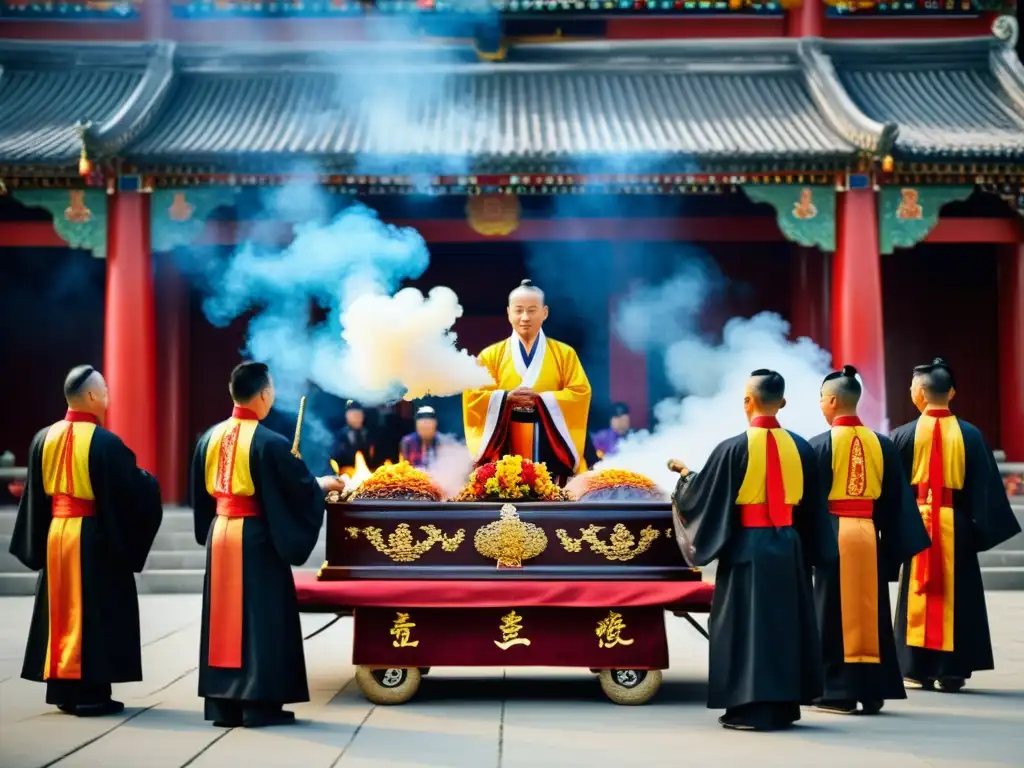 Rituales taoístas para el más allá: Grupo de sacerdotes taoístas realizando un ritual funerario tradicional con incienso e intrincadas ofrendas