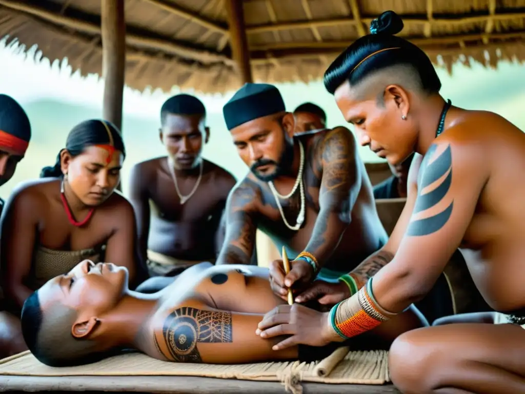 Rituales de tatuajes con historia, ceremonia tradicional en un pueblo remoto, símbolos culturales y colores vibrantes