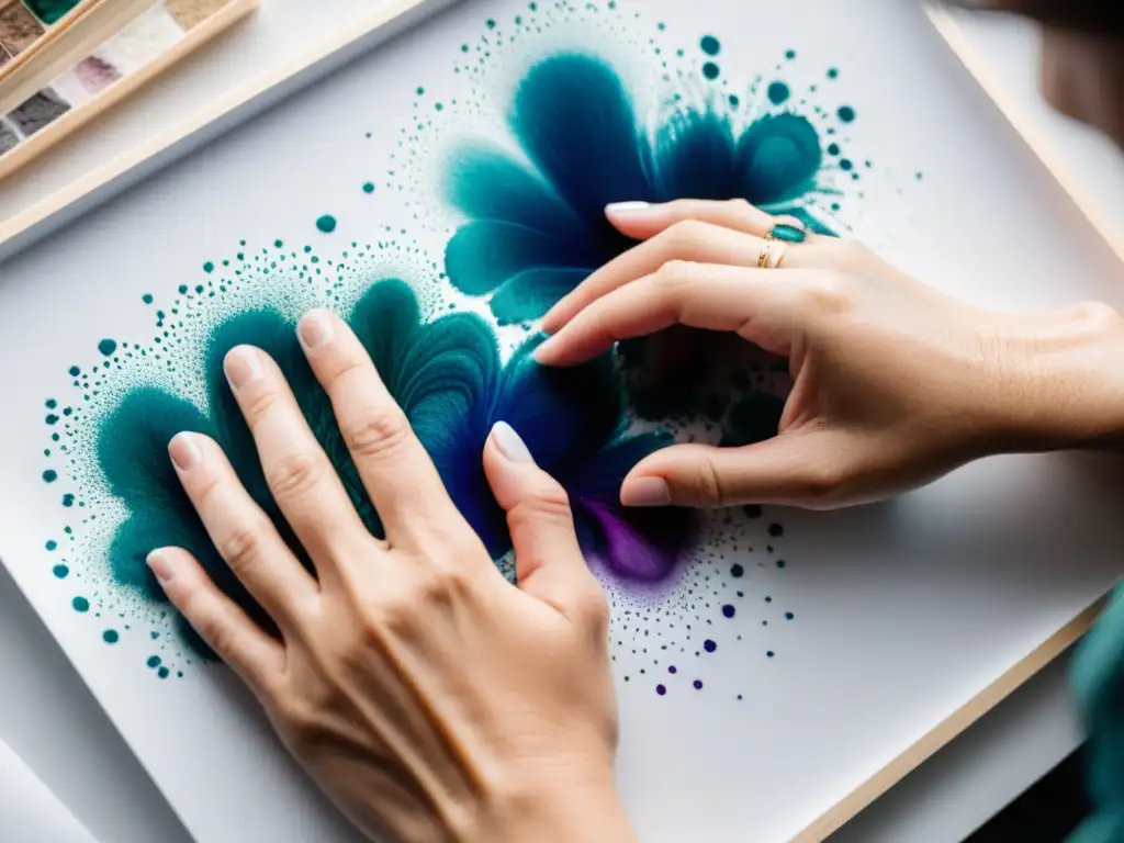 Rituales en terapia de arte: Manos trazando patrones con tinta en lienzo blanco, expresando emociones y concentración