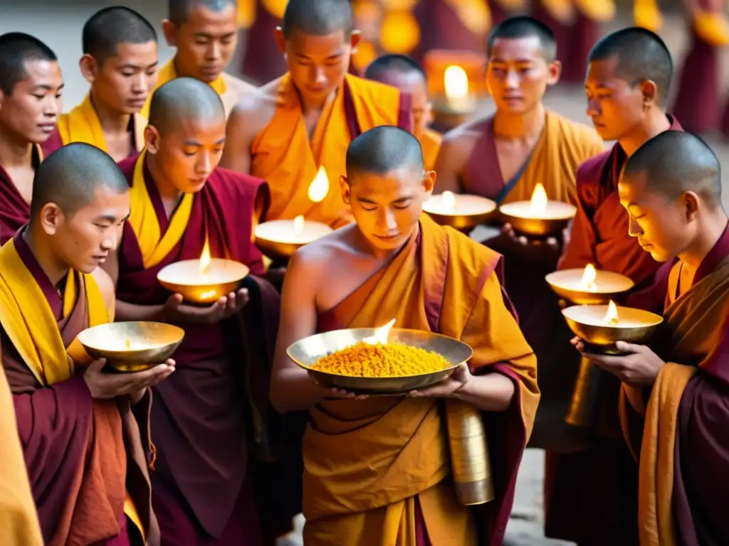 Rituales de iniciación Budismo Tibetano: Monjes en saffron realizan ceremonia con lámparas y mantras en monasterio lleno de thangkas