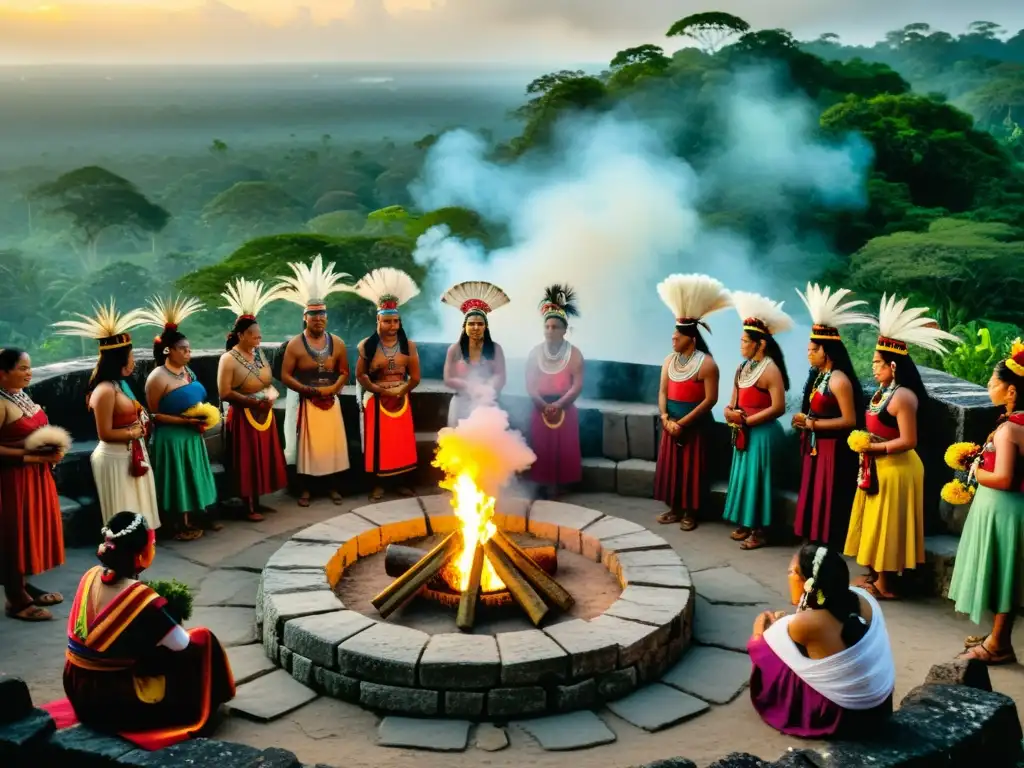 Rituales tradicionales en culturas diversas: Ceremonia maya al amanecer, con coloridos atuendos y misticismo en ruinas antiguas